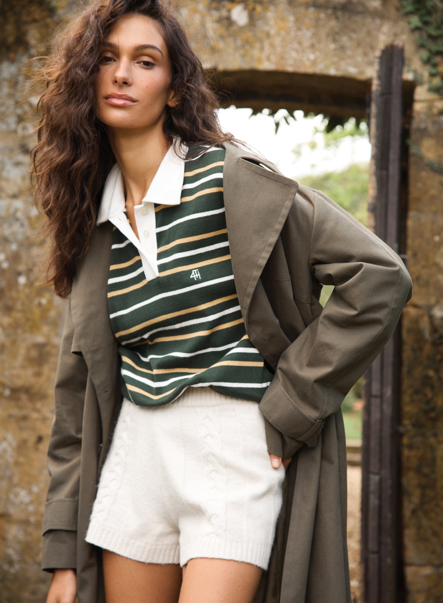 Green Striped Contrast Collar Rugby Top